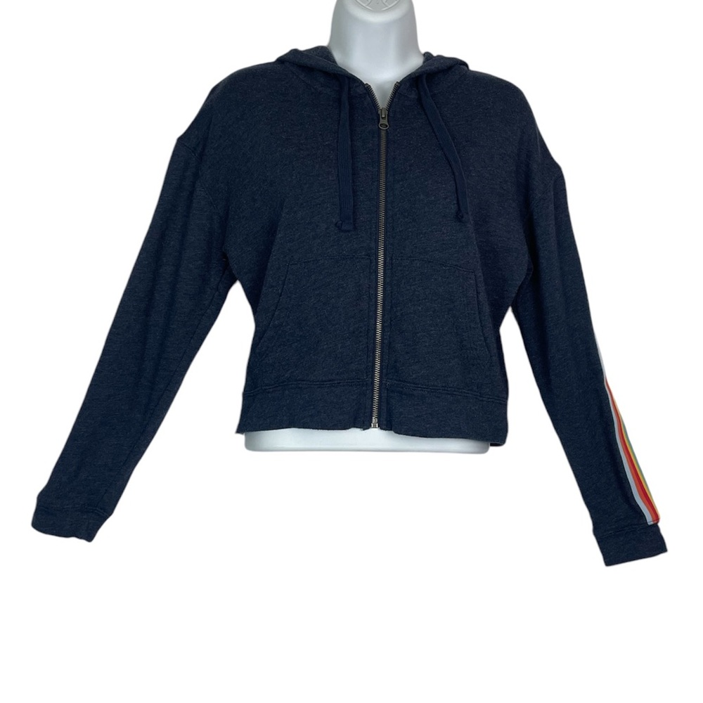 Aeropostale Navy Zip-Up Hoodie with Rainbow Sleeve Women S